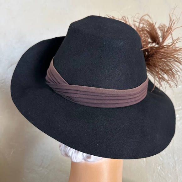 SMART 1940\'s BLACK FELT FEDORA - DRAPED BAND + BROWN CURLED OSTRICH FEATHER main image 9